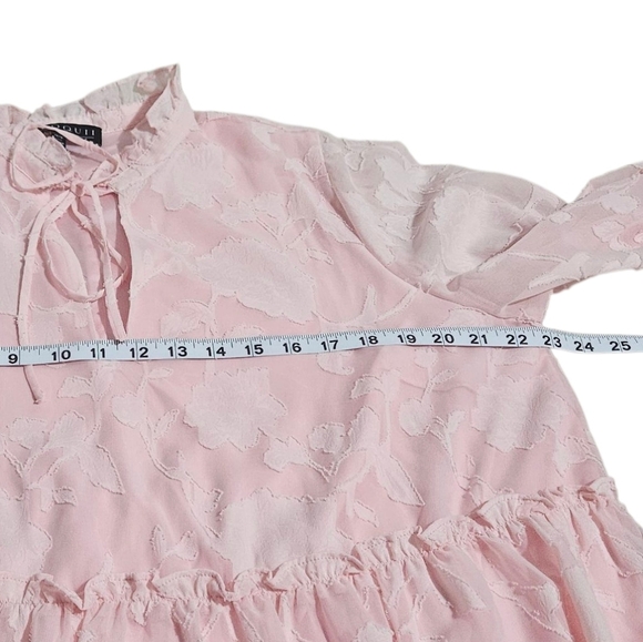 Eloquii Mini Pink Chiffon Tiered Ruffle Dress with Bow Neck Long Sleeve Boho - Picture 10 of 12